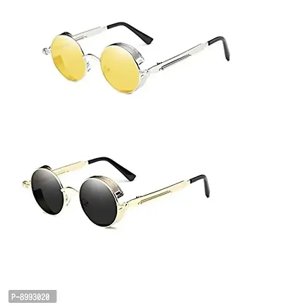 Arzonai Metal Steampunk Round Sunglasses Pack of 2, (Medium) (Yellow,Black)-thumb0