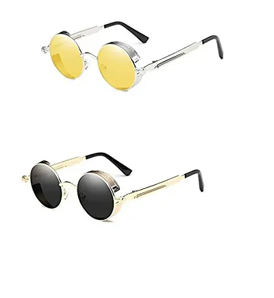 Arzonai Metal Steampunk Round Sunglasses Pack of 2, (Medium) (Yellow,Black)