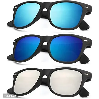 Arzonai Square Sunglasses , Black Frame , Blue, Green, Silver Mirror Lens (Medium) Pack of 3
