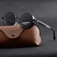 ARZONAI UV400 Classic Steampunk Vintage Round Metal Frame Black Unisex Sunglasses (Medium )-thumb3