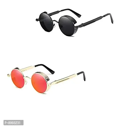 Arzonai Metal Steampunk Round Sunglasses Pack of 2, (Medium) (Black,Red)