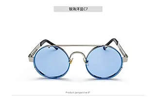 ARZONAI Mens Steampunk Round Sunglasses Frame Colour- Silver , Lens Colour- Blue ,(Medium) ndash; Pack of 1-thumb3