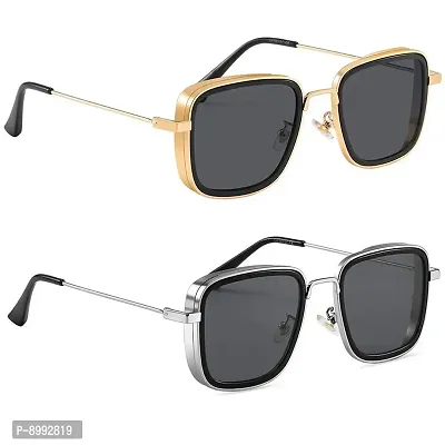 Arzonai Carryminati Mens Square Sunglasses Golden |Silver Frame, Black Lens (Medium) Pack of 2