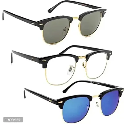 ARZONAI Unisex Adult's Clubmaster Square Metal Sunglasses (50 mm, Black, white and Blue, Medium) Pack of 3