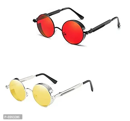 Arzonai Metal Steampunk Round Sunglasses Pack of 2, (Medium) (Red,Yellow)