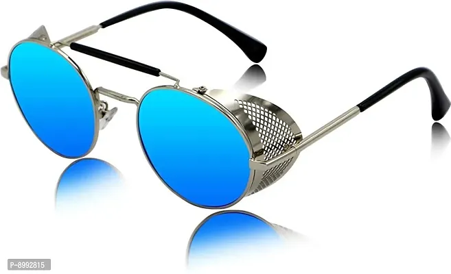 Arzonai Metal Steampunk Round Unisex Sunglasses Pack of 1 (Large) Silver Frame, Blue Mirror Lens