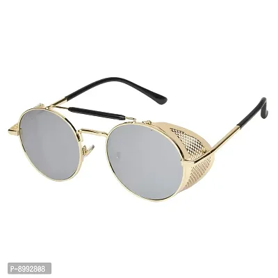 Arzonai Metal Steampunk Round Unisex Sunglasses Pack of 1 (Large) Golden Frame, Blue Mirror Lens