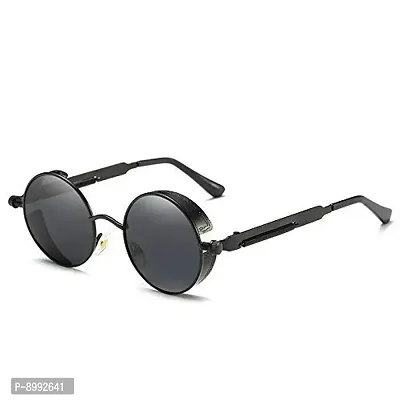 ARZONAI UV400 Classic Steampunk Vintage Round Metal Frame Black Unisex Sunglasses (Medium )-thumb0