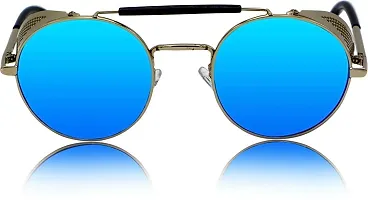 Arzonai Metal Steampunk Round Unisex Sunglasses Pack of 1 (Large) Silver Frame, Blue Mirror Lens-thumb1