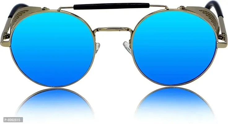 Arzonai Metal Steampunk Round Unisex Sunglasses Pack of 1 (Large) Silver Frame, Blue Mirror Lens-thumb2