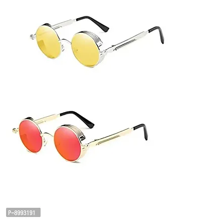 Arzonai Metal Steampunk Round Sunglasses Pack of 2, (Medium) (Yellow,Red)