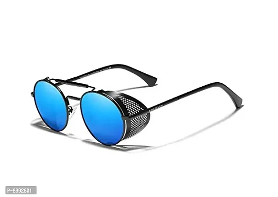 Arzonai Steampunk Men Round Sunglasses Black Frame , Blue Mirror (Medium) Pack of 1