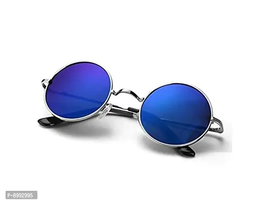 Arzonai Unisex Round Sunglasses, Silver Frame, Blue Mirror Lens (Medium) Pack of 1