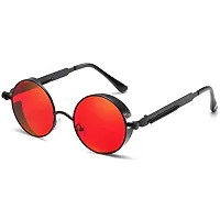 Arzonai Metal Steampunk Round Sunglasses Pack of 2, (Medium) (Red,Black)-thumb1