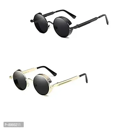 Arzonai Metal Steampunk Round Sunglasses Pack of 2, (Medium) (Black,Black)