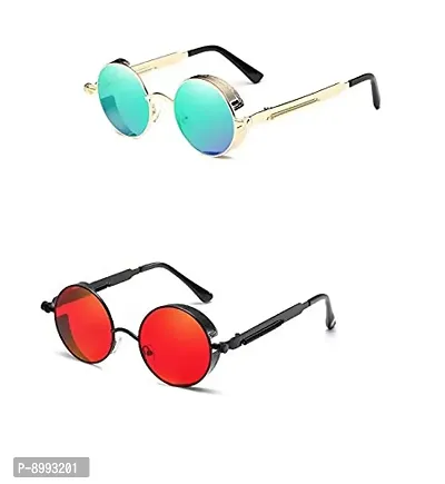 Arzonai Metal Steampunk Round Sunglasses Pack of 2, (Medium) (Blue,Red)-thumb0