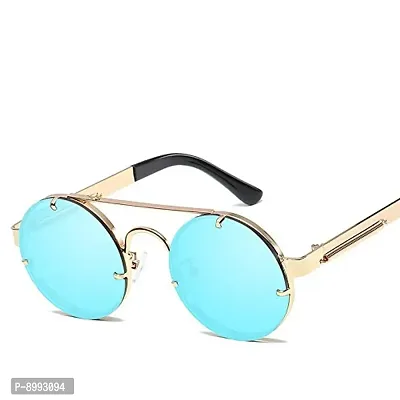 Arzonai Steampunk Men Round Sunglasses Golden Frame , Blue Mirror Lens (Large) Pack of 1-thumb0