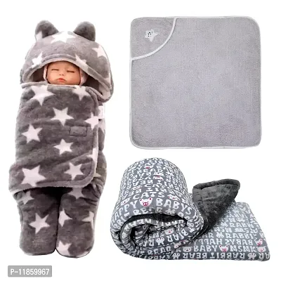 NAMAN Super Soft Hooded Baby Blanket Wrapper . for New Born Babies (Unisex, 0-6 Months) Pack of 3 Grey-thumb0