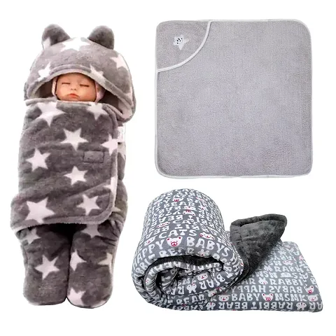 NAMAN Super Soft Hooded Baby Blanket Wrapper . for New Born Babies (Unisex, 0-6 Months) Pack of 3