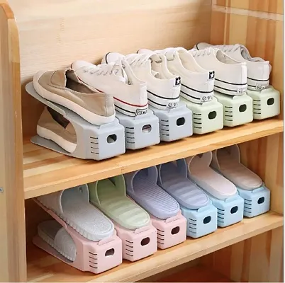 Shoe Slots Organizer Space Saver Double Deck Shoe Rack Adjustable Shoe Slots for Closet Organization (Pack of 10), Plastic, multicolour