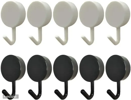 Plastic Wall Hooks, Self Adhesive Wall Hook, Key Hook, Damage Free, Waterproof Utility Hook for Kitchen and Bathroom (Pack of 10) (Black and White)-thumb0