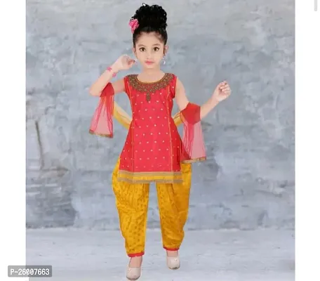 Alluring Jaquard Patiala Kurti Suit Set With Duppata For Girls