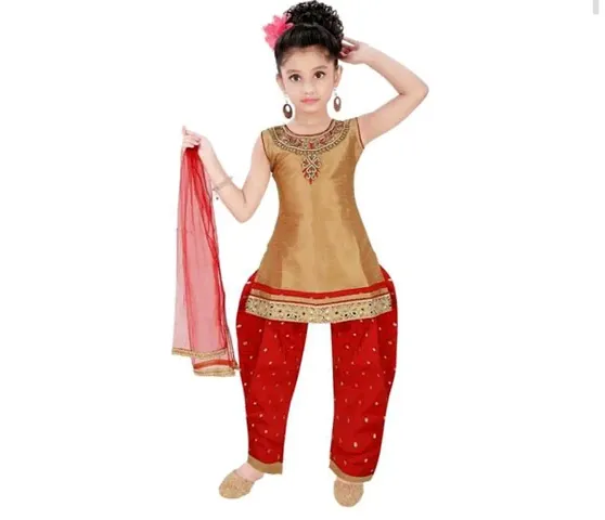 Alluring Jaquard Patiala Kurti Suit Set With Duppata For Girls