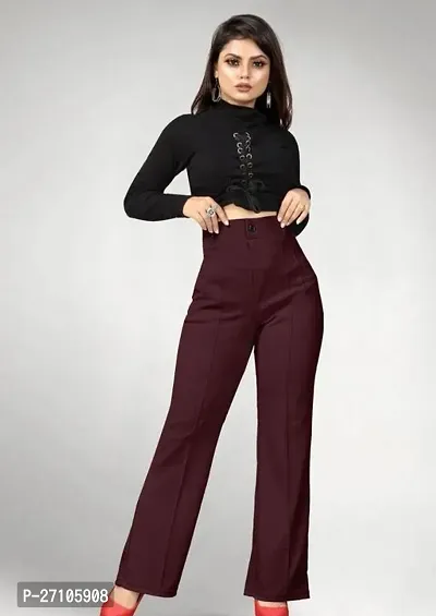 Elegant Brown Lycra Solid Trousers For Women