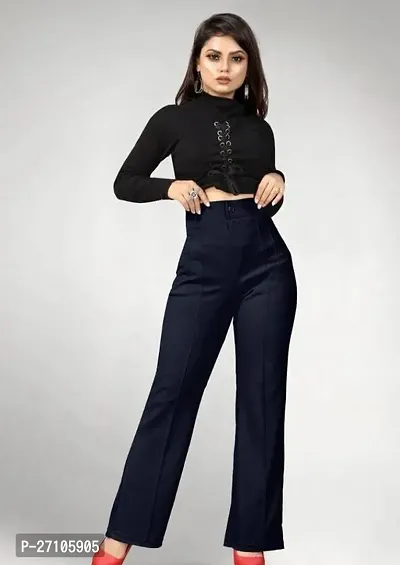 Elegant Navy Blue Lycra Solid Trousers For Women