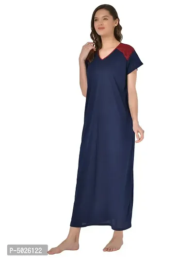 Women's Polyester Blend Solid Navy Blue Nightwear Gowns-thumb2