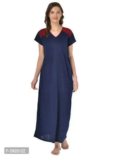 Women's Polyester Blend Solid Navy Blue Nightwear Gowns-thumb0