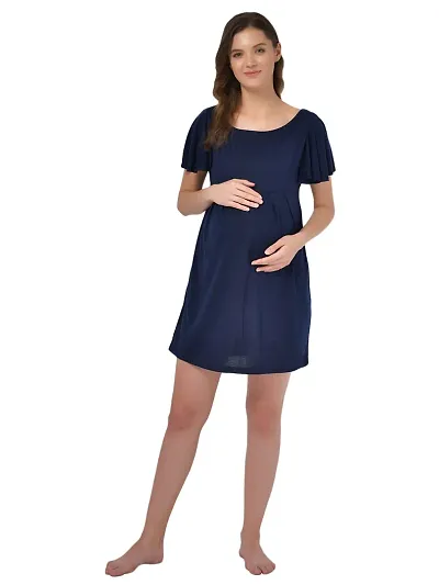 Stylish Navy Blue Polyester Blend Solid Feeding  Night Dress For Women