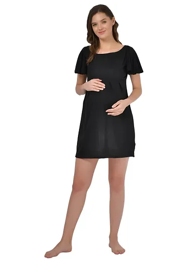 Stylish Black Polyester Blend Solid Feeding  Night Dress For Women