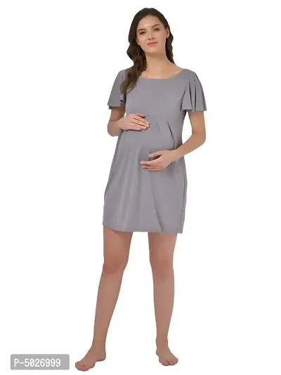 Stylish Grey Polyester Blend Solid Feeding  Night Dress For Women