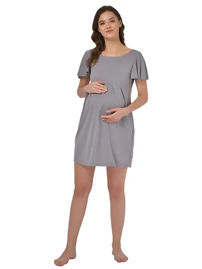 Stylish Grey Polyester Blend Solid Feeding  Night Dress For Women
