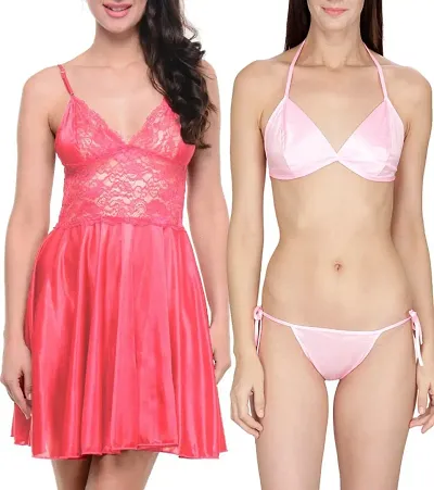 Matching Bra Panty Set And Sexy Night Dress Combo