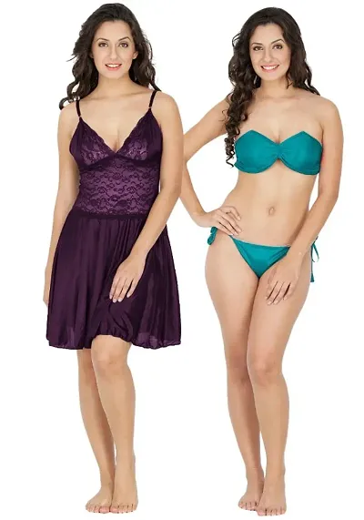 Klamotten Night Dresses With Matching Bra Panty Set