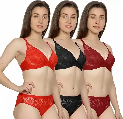 Fancy Lace Bra And Panty Set For Women Pack Of 3