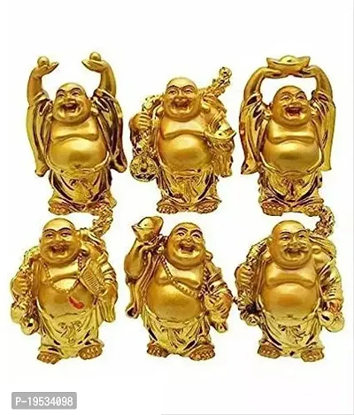 Laughing Buddha Statue, Golden, Set Of 6 Happy Laughing Buddha Statue For Money, Wealth, Fengshui Vastu And Good Luck Home-Office Decor And Gift-thumb0