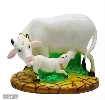 Poly Resin Decorative White Cow With Calf Showpiece Cow Showpieces For Home Decor Cow Calf Idol For Home Kamdhenu Cow Idol (White, 13X21X11 Cm)-thumb0