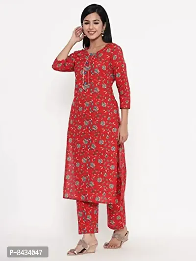 KBZ Woman's Floral Printed Straight Kurti with Palazzo in Cotton (Red)-thumb2