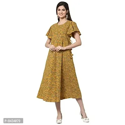 KBZ Womens Cotton Printed Flared Long Dress (Yellow_M)-thumb0