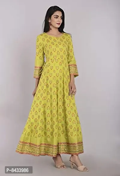 KBZ Women's Rayon Slub Gold Print Anarkali Kurta (Green)-thumb3