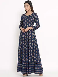 KBZ Women's Gold Print Rayon Anarkali Kurta (Blue)-thumb1