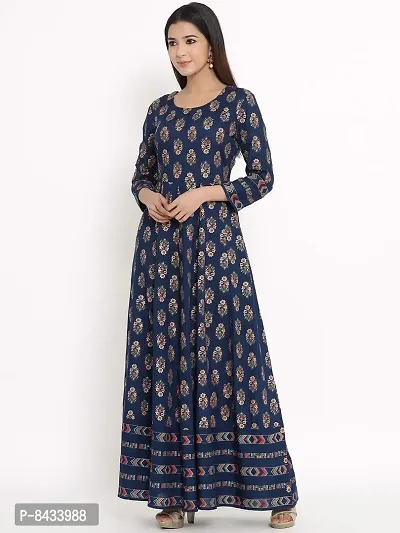 KBZ Women's Gold Print Rayon Anarkali Kurta (Blue)-thumb2