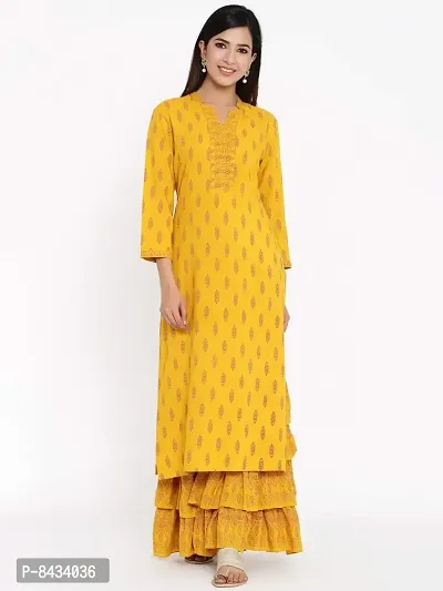 KBZ Women's Rayon Printed Straight Kurta and Sharara Set (Yellow)-thumb2