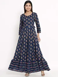 KBZ Women's Gold Print Rayon Anarkali Kurta (Blue)-thumb4