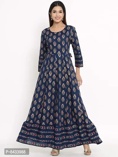 KBZ Women's Gold Print Rayon Anarkali Kurta (Blue)-thumb5