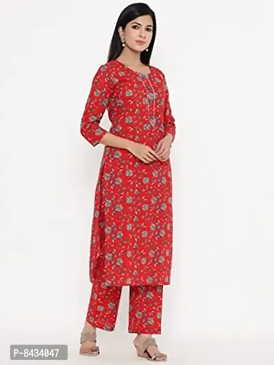 KBZ Woman's Floral Printed Straight Kurti with Palazzo in Cotton (Red)-thumb3