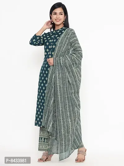 KBZ Women's Rayon Printed Straight Kurta, Plazzo With Dupatta Set (Green)-thumb2